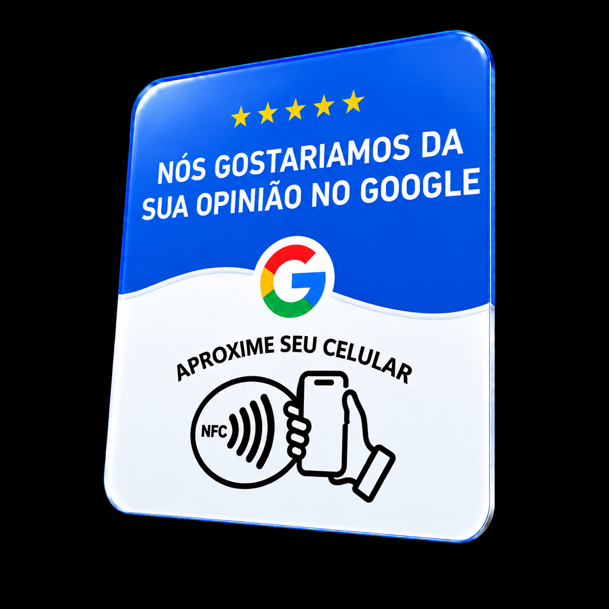 Plaquinha Aproxima Aí de avaliação no Google, em pé sobre o balcão